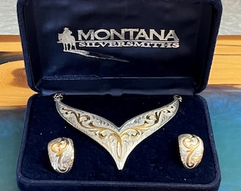 Vintage Montana Silversmiths Western Bib Chain Necklace and Earrings Set