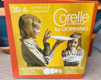 Vintage Corelle Butterfly Gold Dinnerware Set: 20-Piece New in Box