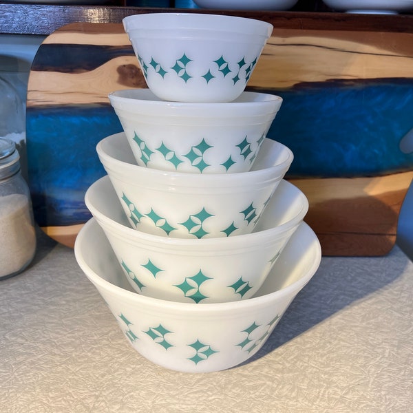 Vintage Rare Federal Glass Teal/Turquoise Atomic Starburst/Diamond Mixing Bowls Set of 5