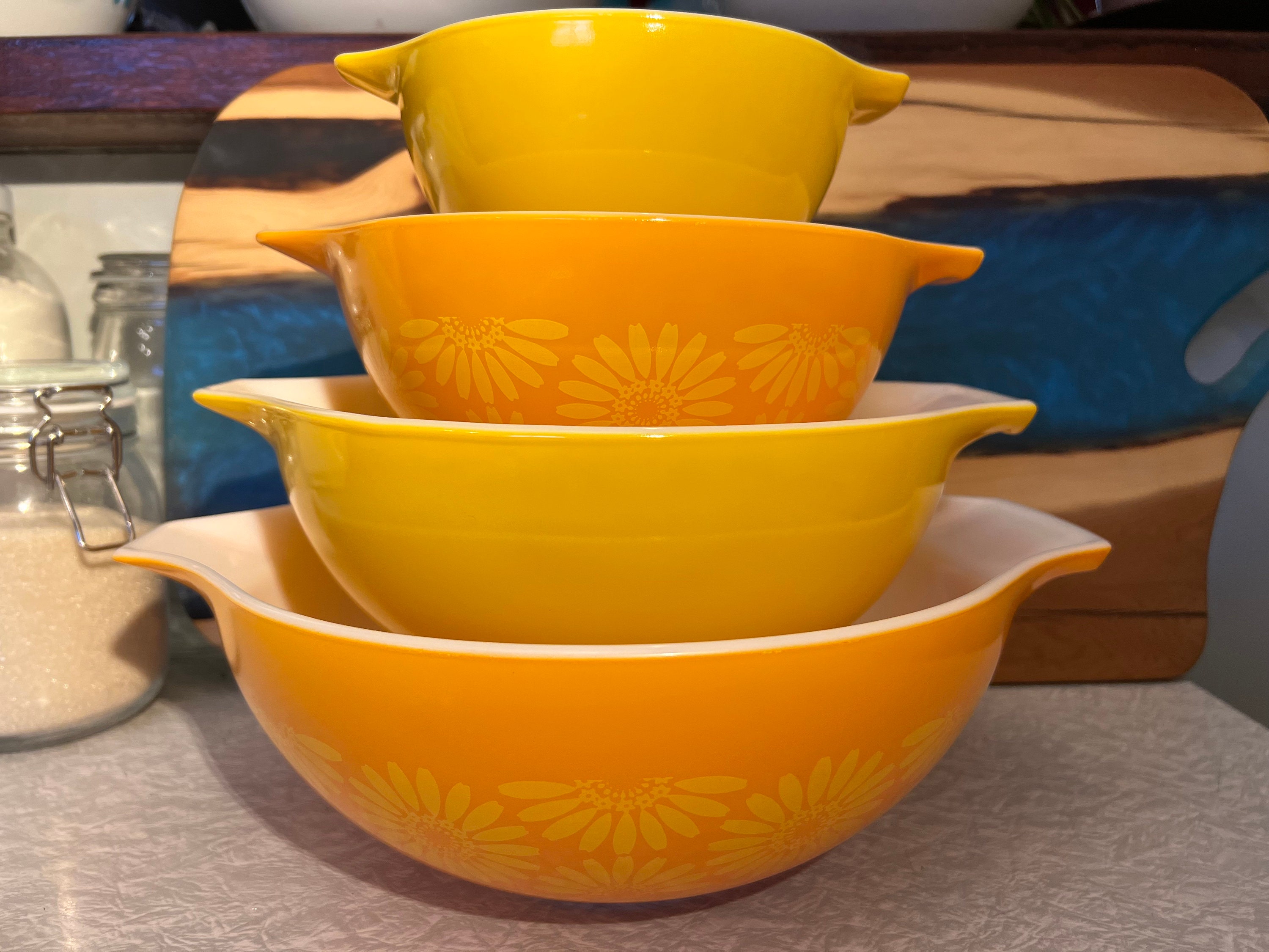Vintage Pyrex Yellow and Orange Daisy Cinderella Mixing