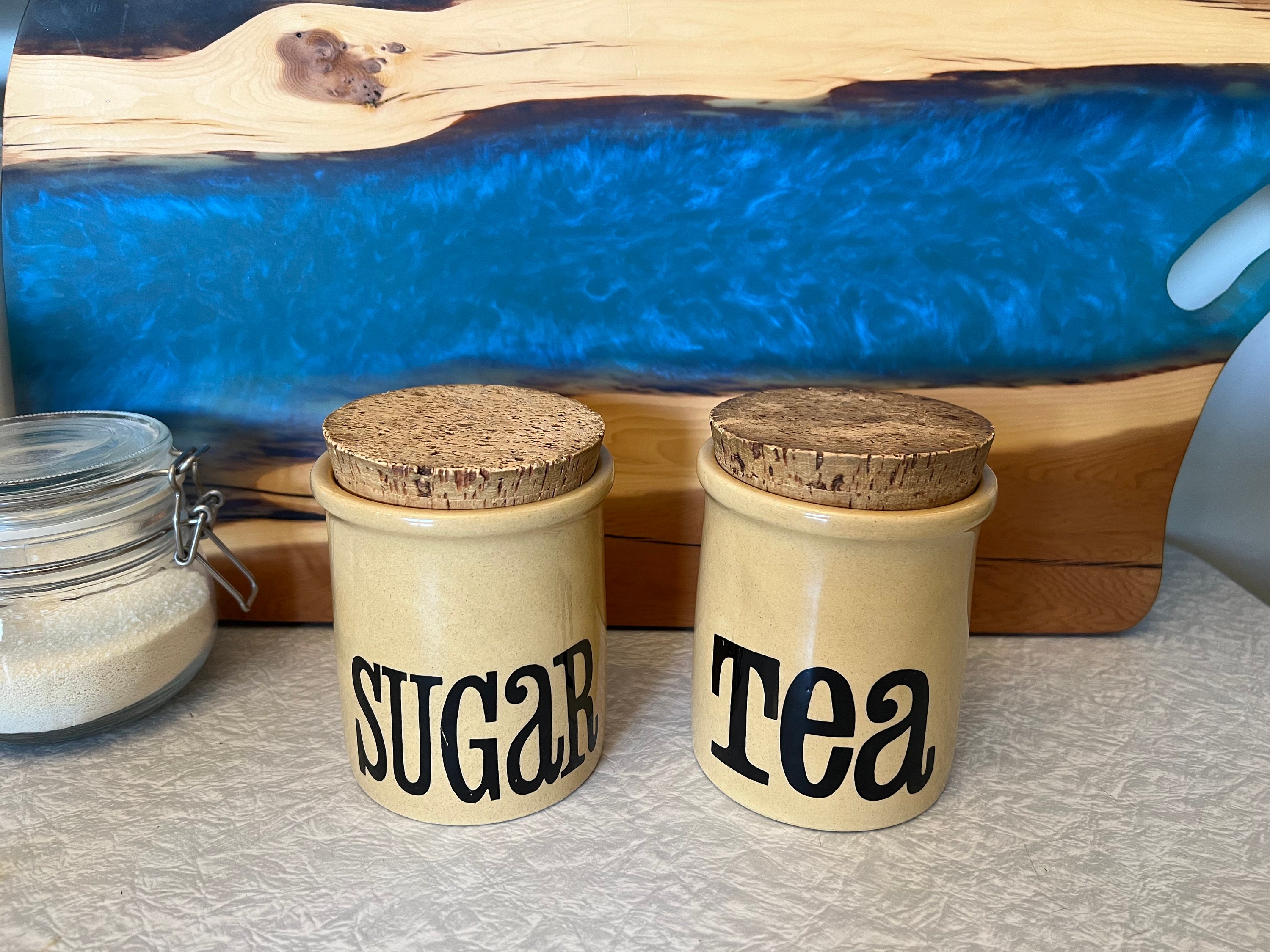Set of Vintage TG Green Beige and Brown Granville Kitchen Storage Jars /  Flour, Tea, Coffee Sugar Canisters With Cork Lids 