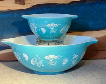 Vintage Pyrex Turquoise Promo Balloons/Hot Air Balloons/Cinderella Bowl/Chip Dip Set