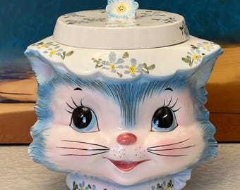 Vintage Lefton Miss Priss Cat Cookie Jar: Blue Floral Hat, Retro