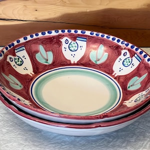 Solimene Vietri Ceramic Chicken Pattern Made in Italy/ Red, Blue Dots /(2) Pasta Bowls
