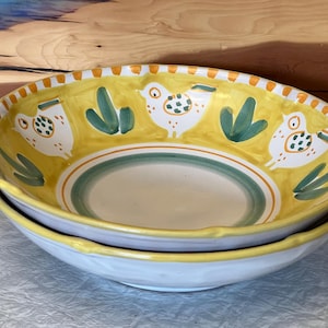 Solimene Vietri Ceramic Chicken Pattern Made in Italy/ Yellow with Orange Dots /(2) Pasta Bowls