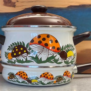May include: White enamel pot with a brown lid and handles. The pot is decorated with orange and brown mushrooms with green leaves. A charming, vintage kitchenware item.