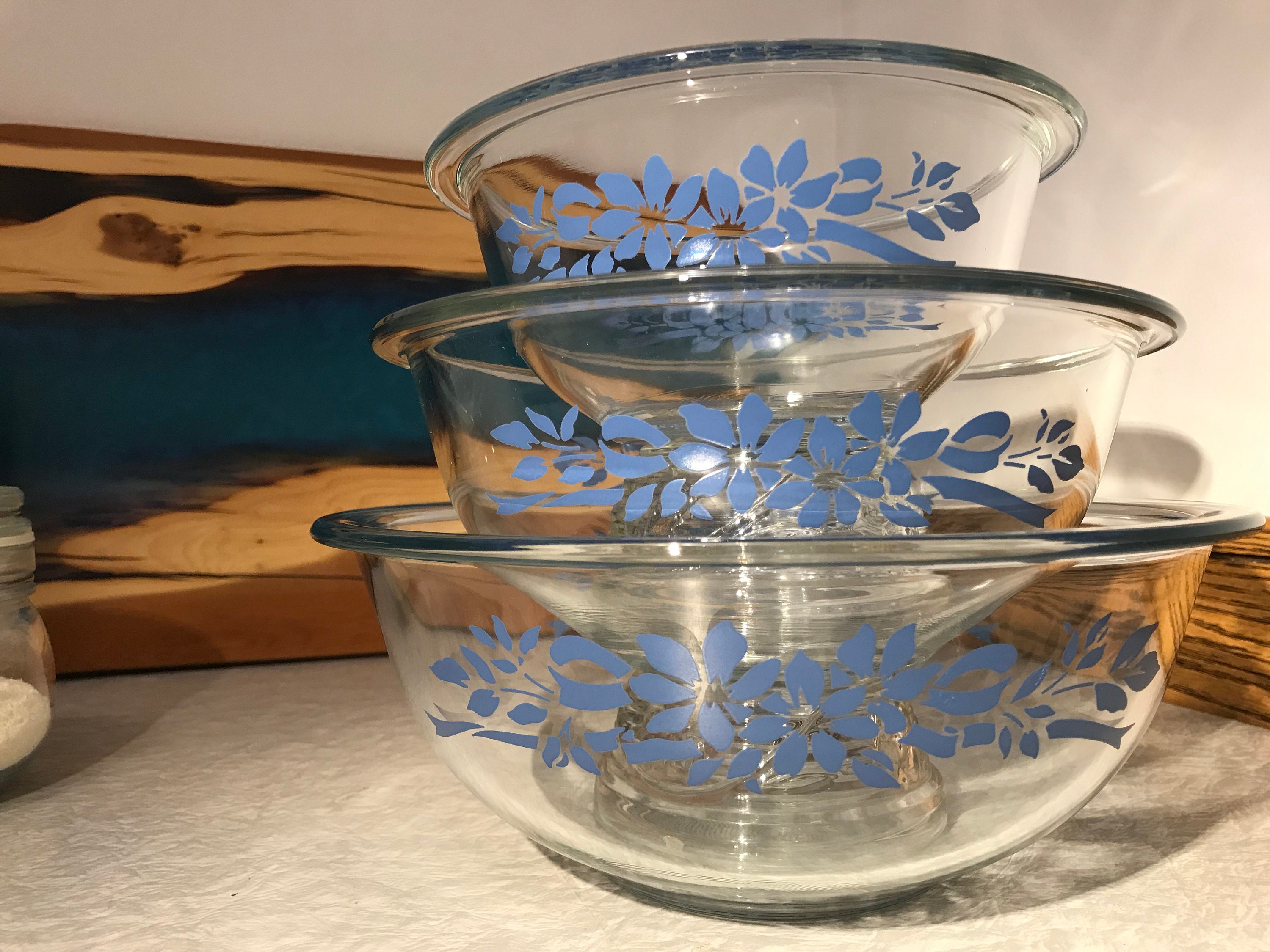 Set of 3 Vintage Clear Glass Nesting Bowls with Blue Green Floral Pattern