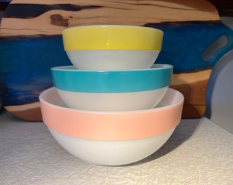 Vintage Fire King Colonial Band Multi Color/Yellow,Blue,Pink/Mixing/Nesting Bowls/ Set of 3