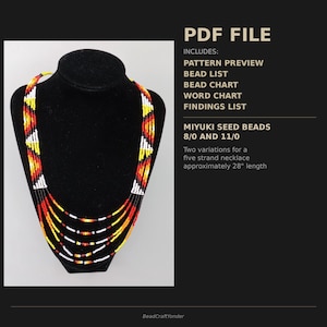 Pode incluir: Um colar de contas de vários fios com um padrão preto, vermelho, amarelo e branco, exibido em um manequim preto. O colar tem aproximadamente 71 cm de comprimento. A imagem inclui o texto "PDF FILE" e "MIYUKI SEED BEADS".