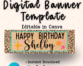 Modello di striscione di compleanno con stampa leopardata modificabile / Decorazioni personalizzate per feste (download digitale)