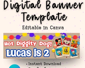Modello di banner di compleanno Hot Diggity Dog modificabile / Decorazioni per feste di compleanno ispirate a Topolino / Modello Canva scaricabile immediatamente