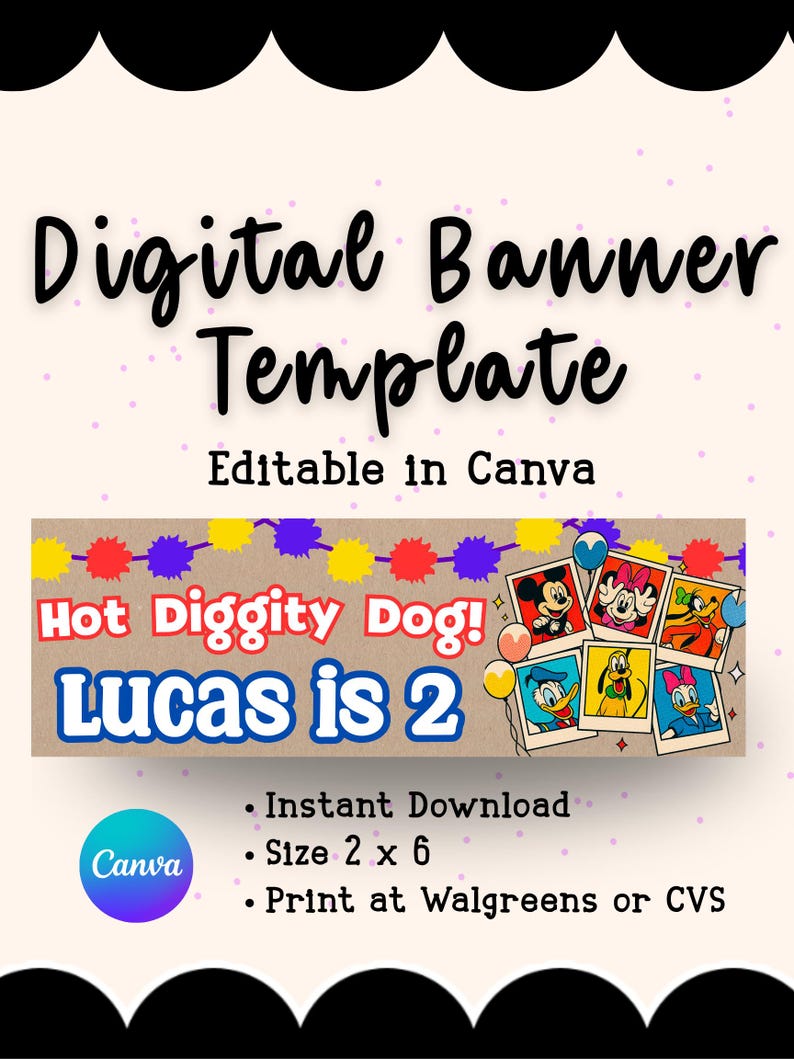 K&ouml;nnte beinhalten: Digitales Banner-Template mit dem Text "Digital Banner Template" und "Editable in Canva". Das Banner zeigt den Text "Hot Diggity Dog! Lucas is 2" und enth&auml;lt Cartoon-Charakterbilder. Die Bannergr&ouml;&szlig;e betr&auml;gt 5.08 cm x 15.24 cm.