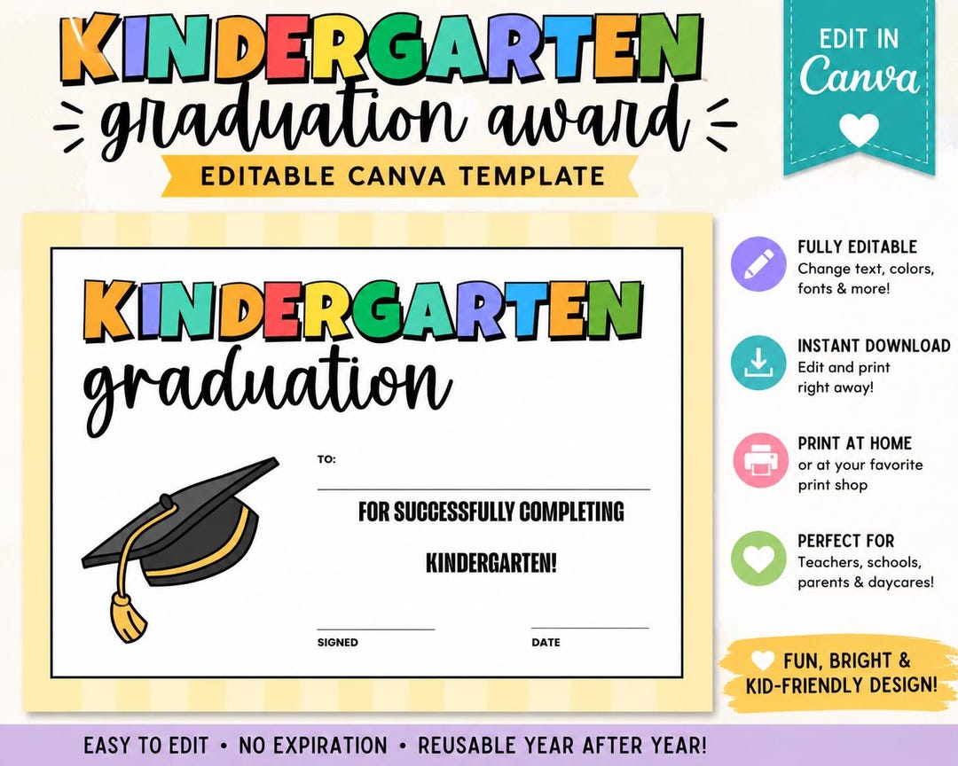 Kindergarten Graduation Certificate Template | Editable Canva Diploma ...
