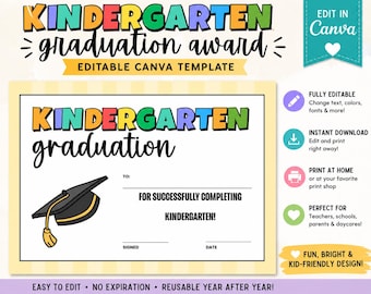 Modello di certificato di fine anno della scuola materna / Diploma modificabile su Canva / Ricordo di fine anno stampabile
