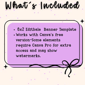 K&ouml;nnte beinhalten: Eine hellbeige Grafik mit dem Text "What's Included" in schwarzer Schrift. Ein lila Rechteck enth&auml;lt Aufz&auml;hlungspunkte: "6x2 Editierbare Banner Vorlage" und "Funktioniert mit der kostenlosen Canva-Version".
