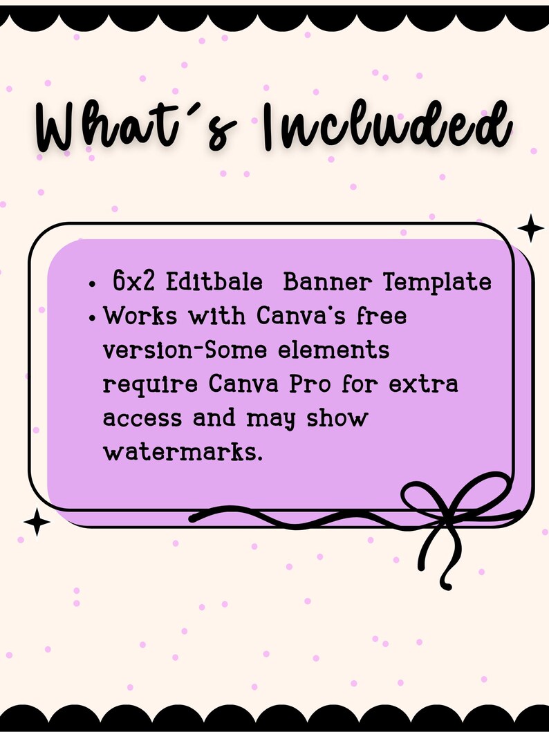K&ouml;nnte beinhalten: Eine hellbeige Grafik mit dem Text "What's Included" in schwarzer Schrift. Ein lila Rechteck enth&auml;lt Aufz&auml;hlungspunkte: "6x2 Editierbare Banner Vorlage" und "Funktioniert mit der kostenlosen Canva-Version".