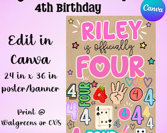 Modello di banner modificabile per il 4° compleanno / Poster colorato per il compleanno di una bambina (Download digitale)