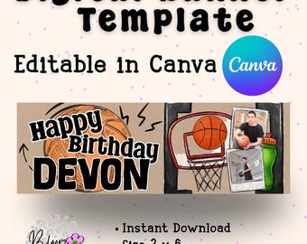 Striscione di compleanno a tema basket modificabile / Striscione personalizzato per festa di compleanno a tema sportivo / Striscione fotografico a tema basket / Striscione di compleanno in carta kraft