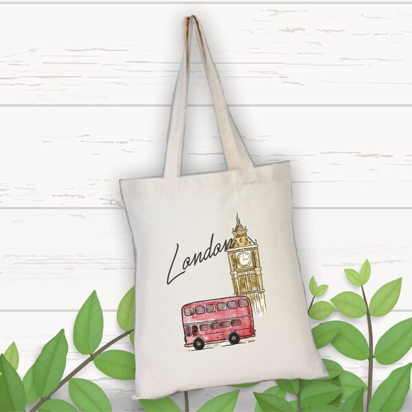 City Tote Bag, Londen Tote Bag, Wereldsteden, Katoenen Tassen Logo, Tote Bag Canvas, Handgemaakte tassen, Reistassen, Big Ben, Red Bus, Londen
