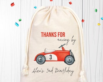 Race Car Birthday Favor Bag, Personalized Cotton Drawstring Gift Bag