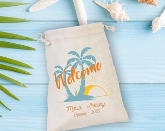Palm Tree Sunset Welcome Wedding Party Bag, Hawaii Wedding Favor, Drawstring Favor Bags, Wedding Party Favor, Personalized