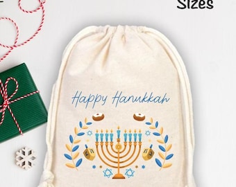 Happy Hanukkah Personalized Gift Bag, Happy Hanukkah Gift Sack, Hanukkah Holiday Bag,  Happy Hanukkah Drawstring Gift Bag with Name