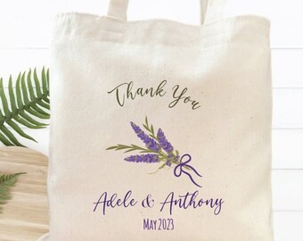 Custom Lavender Wedding Favor Tote, Bridal Gift Bag, Bacelorette Bag