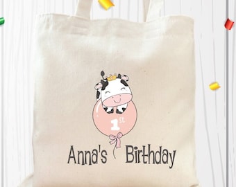 Cow 1st Birthday Party Favor Bags, Personalized Mini Tote
