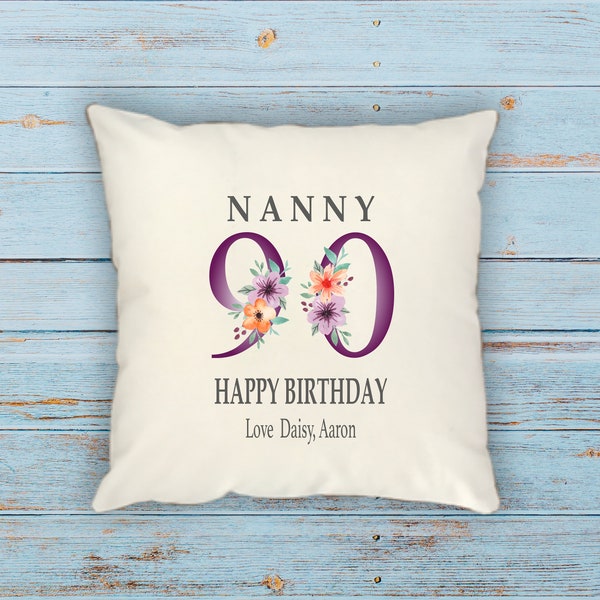 Personalized 90th Birthday Gift for Her, Watercolor Flowers Pillow Cover, Birthday Gift for Grandma, Personalized Birthday Gift