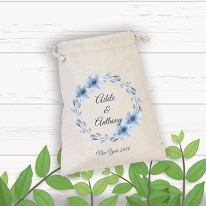 Blue Flower Wedding Drawstring Bag, Thank You Gift Bag, Personalized Wedding Favor, Wedding Welcome Bags, Bachelorette Party Gift Bag