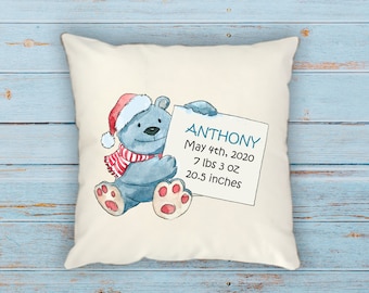 Personalized Birth  Pillow Cover, Blue Bear Pillow Cover, Gift for New Baby, New Mom Gift Pillowcase, Birth Pillow with Weight and Size