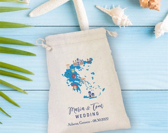 Greece Map Destination Wedding Gift Bag, Bachelorette Party Hangover Kit, Beach Party Drawstring Mini Favor Bags, Greece Wedding Party Favor