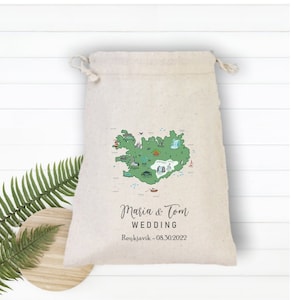 Sac de mariage avec carte de l'Islande, cadeau de demoiselle d'honneur, sacs pour cadeaux d'enterrement de vie de jeune garçon, sac de bienvenue de mariage personnalisé, sac de cadeaux personnalisé avec cordon de serrage