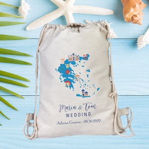 Griechenland Hochzeit Geschenk Tasche, Griechenland Bachelorette Rucksack, Hochzeit Teil Favor, Griechenland Karte Tasche, Hochzeit Willkommen Tasche, Strandtasche