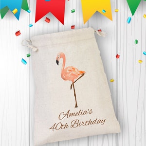 Flamingo Birthday Gift Bag, Custom Watercolor Flamingo Gift Bag, Birthday Party Decorations, Party Gift, Cotton Bag Drawstring