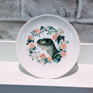 T-rex in florals printed plate - 6" plate great size - snarky home decor with stand and hook