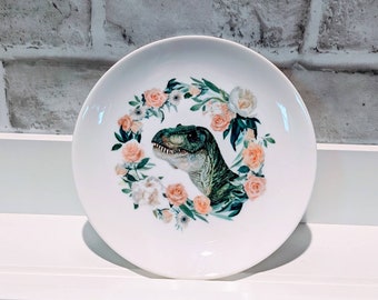 T-rex in florals printed plate - 6" plate great size - snarky home decor with stand and hook