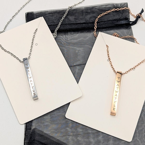 Tw*twaffle Drop Bar Pendant- rose gold OR silver coloured with chain - lightweight swear word jewelry