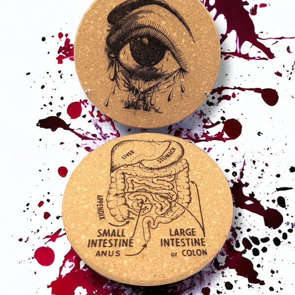 Vintage medical themed cork trivets - laser engraved - eye ball and intestines -bloody good fun!