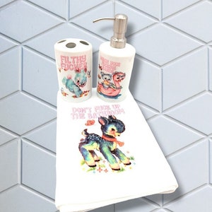 Cute Kitsch deer bunny swear word bathroom set - ceramic soap dispense, tooth brush holder and hand towel- printed not vinyl