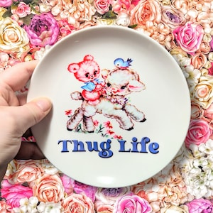 Thug Life - retro kitsch lamb and bear - 6" printed plate - snarky home decor with stand and hook NEW design