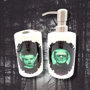 Frankenstein & Bride of Frankenstein bathroom set - ceramic soap dispenser and tooth brush holder - printed not vinyl