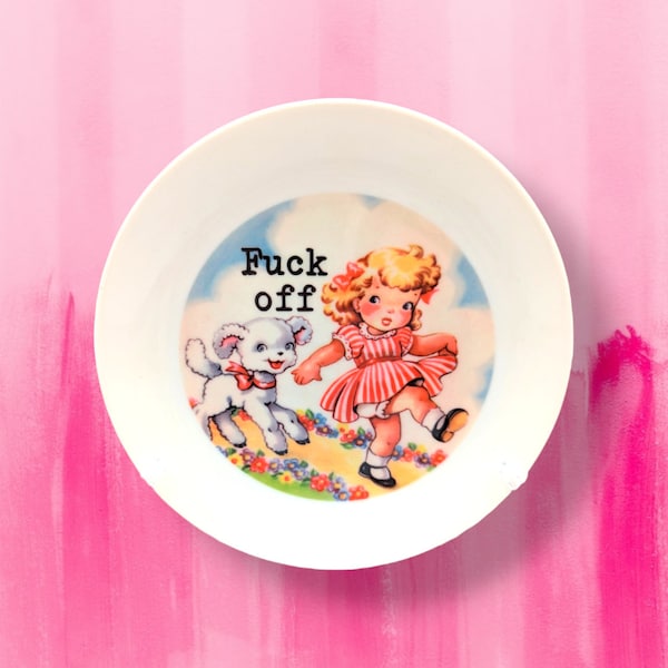 F*ck off. - kitsch style little girl with lamb - 6" plate - swear word home decor with stand and hook