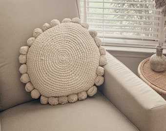 Stacey Round Handvowen Pon Pon Pillow, Knitted handwoven cushion with pom pom, knitted round pillow with pom pom, decorative cream pillow