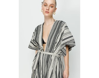 Juniper Black and White Striped Kimono & Beach Cover-Up - One Size Fits Most