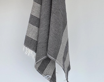 May include: A gray and white striped Turkish towel with fringed edges. The towel is folded and hanging on a white wall.