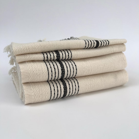 3 Piece Turkish Towel Set for Bathroom, 1 Bath Towel, 2 Hand Towels, Off  White Cotton Bath Towels with Black Stripes,Turkish Peshtemal Towel and  Hand Towels with Fringe