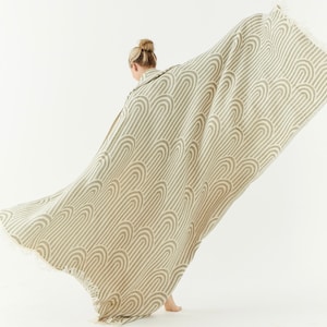 May include: A beige throw blanket with a geometric pattern of arches in a darker beige color. The blanket has a fringe border.