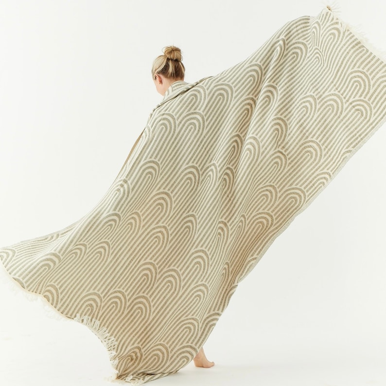 May include: A beige throw blanket with a geometric pattern of arches in a darker beige color. The blanket has a fringe border.