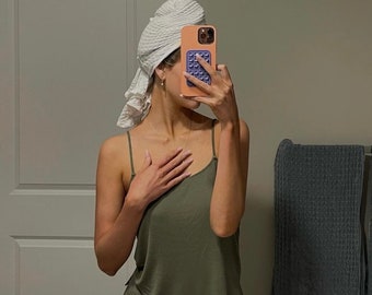Waffle Weave Hair Towel: White Cotton, Stretchy Band, Frizz-Free